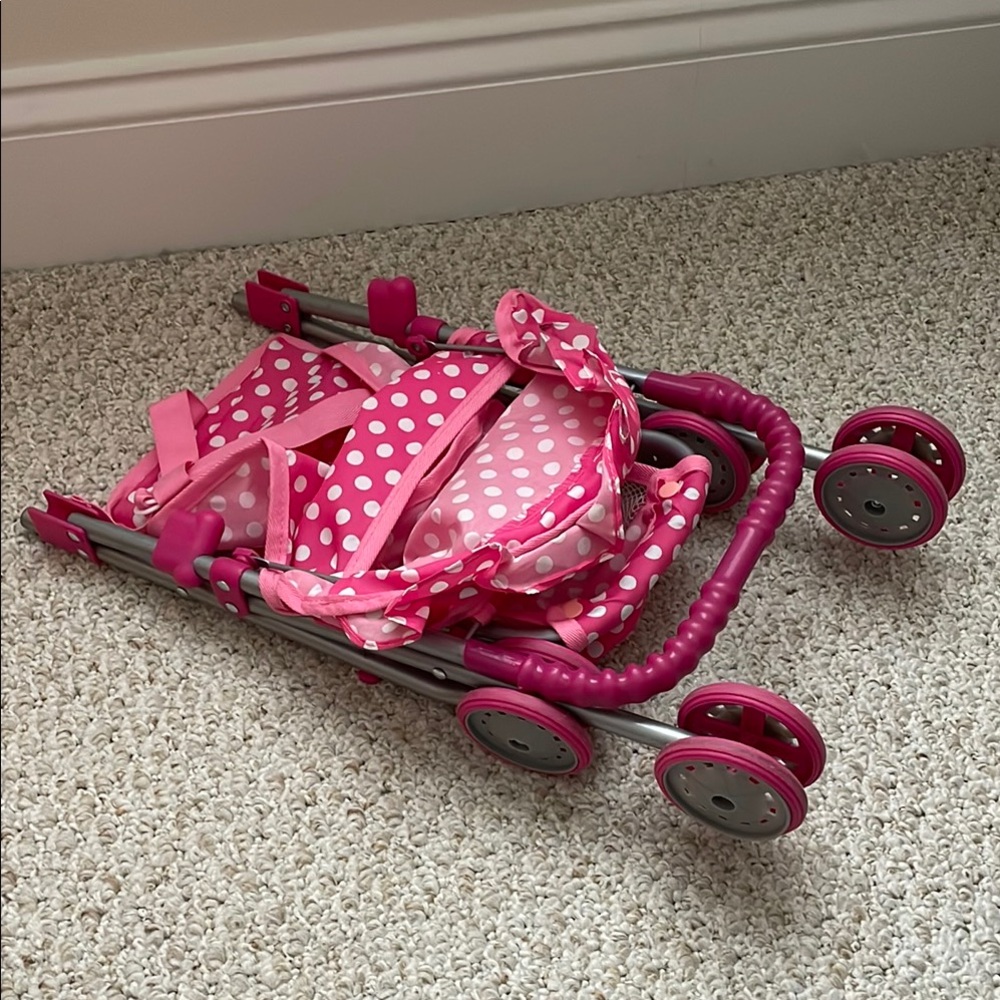 Pink and White Doll Stroller with Foldable Frame and Adjustable Canopy - Picture 3 of 3